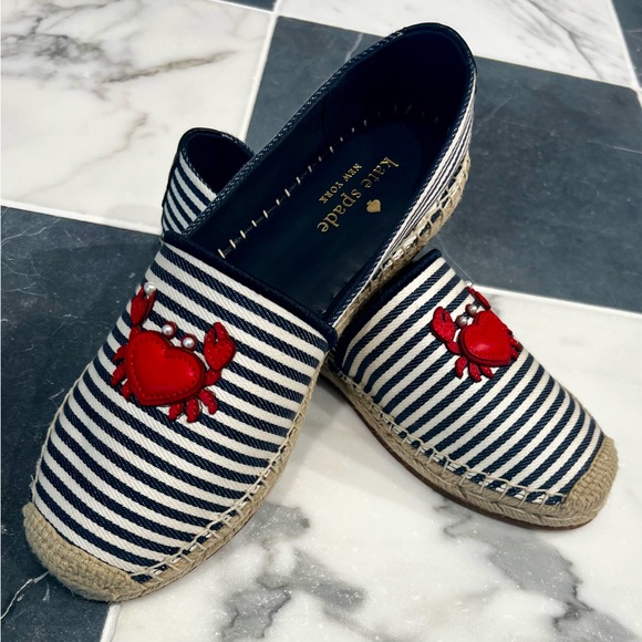 Kate Spade Navy and White Striped Espadrilles with Red Crab Appliqué - Picture 5 of 6